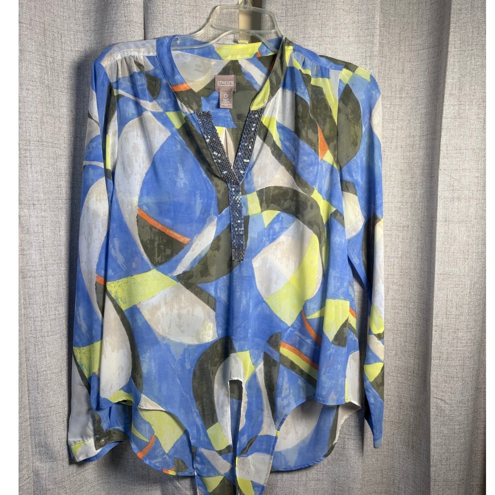 Chico's Blue Abstract Sequin V-Neck Tie Front Hi Lo Top Size 0 XS S Long Sleeve